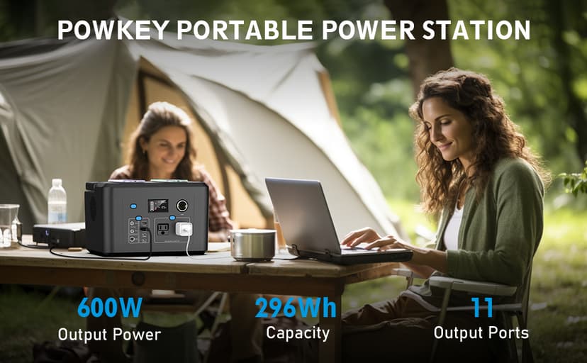 Portable Power Station 600W, Powkey 296Wh Battery Backup with 2 Pure Sine Wave AC Outlets, USB-C PD100W and 2 Wireless Chargers, Solar Generator (Solar Panel Optional) for Outdoor Camping/RVs/Home Use
