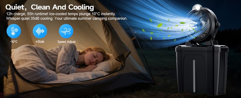 Portable Misting Fan - 11L Bucket, 20000mAh Rechargeable Battery Powered Fans for Patios, Outdoor Fans with Night Light, 3 Wind Speed & 4 Spray Mister Camping Cooling Fan, Waterproof Design