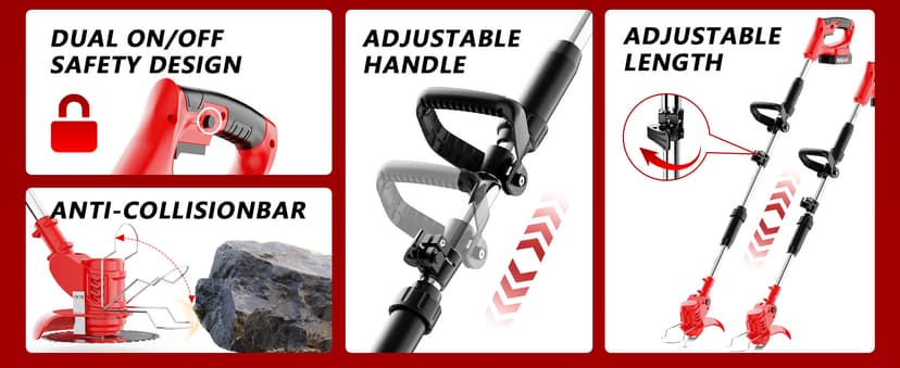 Electric Weed Wacker Cordless with Wheels,21V 2×2000mAh Weed Eater Battery Powered, 6-inch Cordless String Trimmer with 3 Types of Blades, Electric Grass Trimmer,Lawn Edger, Mower for Yard,Garden