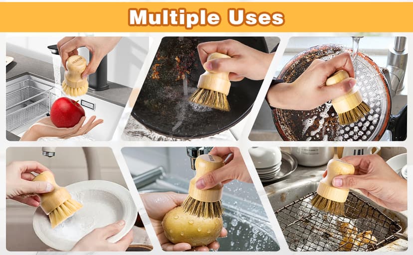 Bamboo Dish Brush Set, 3 Pcs Wooden Scrubber, Brass Brush and Pot Brush with Sisal and Palm for Cleaning Vegetables, Pots and Ovens