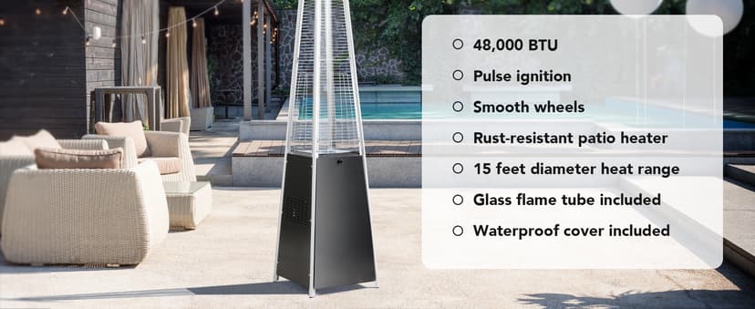 Pamapic Patio Heater with Cover, 48,000 BTU Pyramid Flame Outdoor Heater Quartz Glass Tube Propane