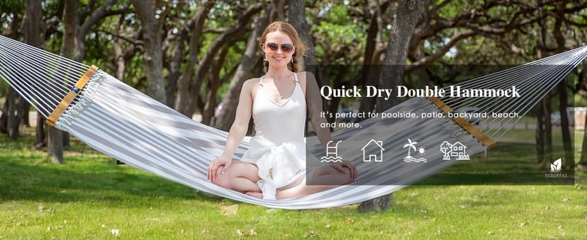 SUNCREAT Hammocks 14 FT Quick Dry Hammock Double Size with Spreader Bar, 2 Person Hammock for Outdoor Patio Yard Poolside, 450 lbs Capacity, Light Gray Stripes