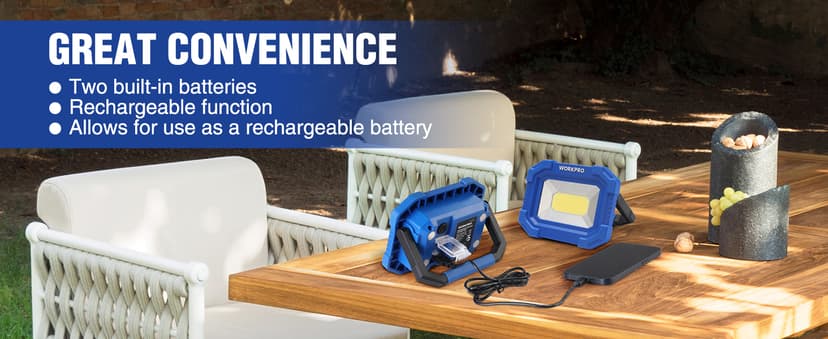 WORKPRO LED Work Light, Rechargeable Magnetic Work Lights with Stand, Portable, Waterproof, 2000LM COB Flood Light for Camping, Fishing, Car Repair, Job Site Lighting, Hiking, 4 Modes, 2 Pack