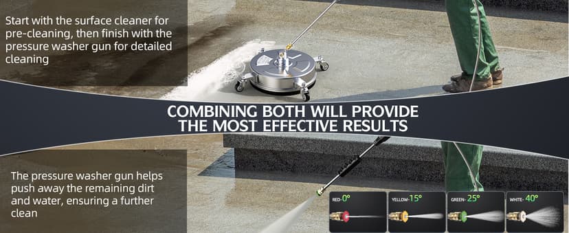 14" Pressure Washer Surface Cleaner 4500 PSI with 304 Industrial-Grade Stainless Steel Housing,1/4” Quick Plug, 4 Universal Wheels, 2 x 15 Extended Wands, 2 Replacement Nozzles, 4 Spray Nozzle Tips