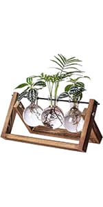 Kingbuy Hydroponic Glass Vase Vintage Desktop Plant Terrarium Planter Bulb Vase Water Planting Propagation Vase Planters Hydroponics Plants with Retro Wooden Stand Home Garden. (E(2 Heart Vase))
