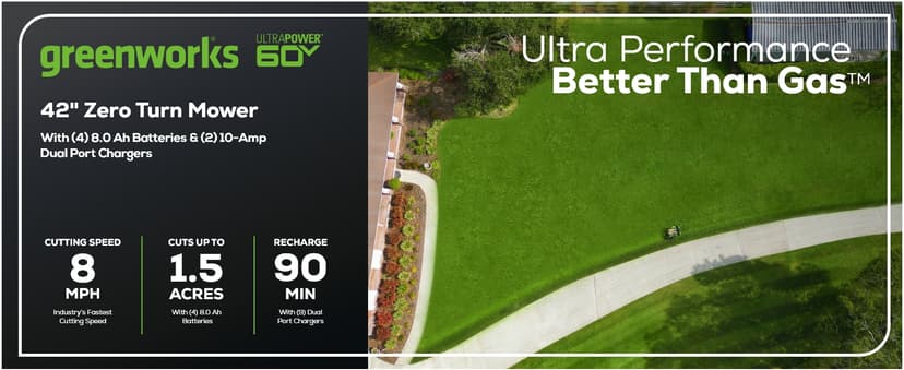 Greenworks 60V 42” Cordless Electric CrossoverZ Zero Turn Riding Mower, (4) 8.0Ah Batteries and (2) Dual Port Turbo Chargers