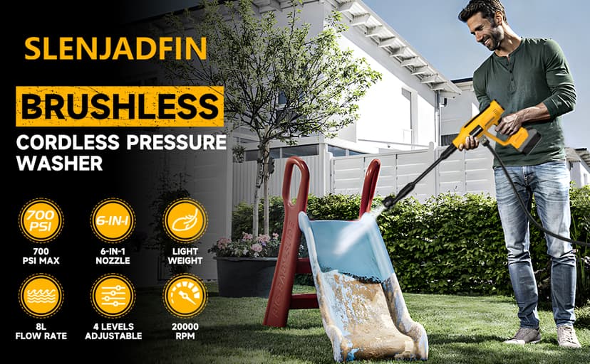 Cordless Pressure Washer for Dewalt 20V Battery 700 PSI Portable Handheld Power Washer with 6-in-1 Nozzle Foam Cannon for Car Floor Fence Wall Cleaning (Battery Not Included)