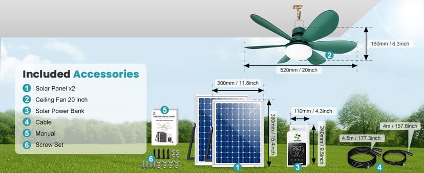 Solar Ceiling Fan Light with Battery, 20" Outdoor Ceiling Fans with Adjustable Thermostat & 2pcs 15W Bifacial Solar Panels, Solar Powered Fan for Gazebo, Chicken Coop, RV (Green)