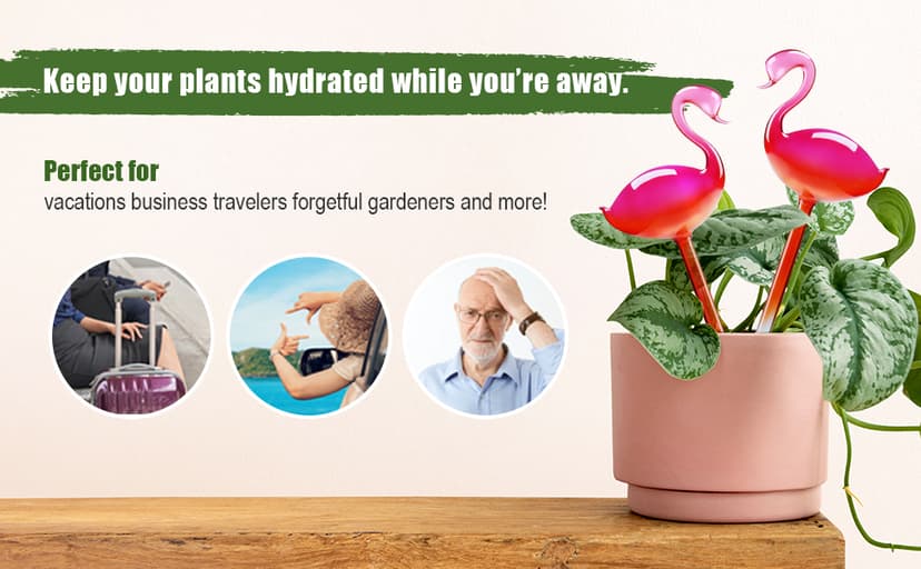 Self-Watering Glass Globes 2PCS Flamingo Gradient Hot Pink 10" Long Hand Blown Bulbs Pot Plant Waterer Home Indoor Outdoor Garden Patio Hanging Flower Spike Decorative Automatic Irrigation System