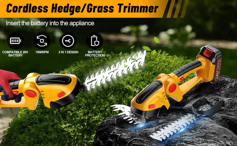Hedge Trimmer Cordless with 21V Battery - 2 in 1 Electric Shrubbery Trimmer, Handheld Grass Shear Cutter Lightweight-Mini-Grass-Trimmer Bush Trimmer for Garden Yard Lawn Pruning