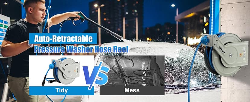 Pressure Washer Hose Reel with Hose, 1/4" × 60ft Retractable Power Washer Hose Reel, Heavy Duty Hose Reel Auto Rewind, Wall Mounted, 3600 PSI