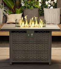 42" Rectangular Propane Fire Pit – 50,000 BTU Fire Table with Wind Guard Glass, Lid, Rocks and Cover – Backyard Fire Pits Outdoor – Propane Gas Fireplace for Deck or Patio (Grey, 42" Standard)