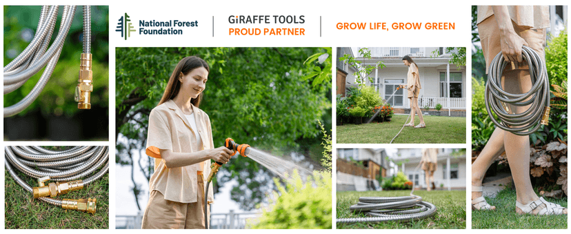 Girafe Tools Garden Hose 100ft x 5/8", 304 Stainless Steel Metal Water Hose, No Kink Garden Water Hose with 9 Pattern Spray Nozzle, Flexible, Lightweight, Kink Free Hose for Yard, Outdoor