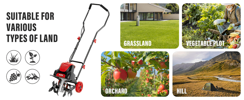 MZK 10-Amp 12-Inch Corded Electric Tiller/Cultivator for Gardening, 8-inch tillling Depth with Adjustable Wheels, Electric Garden Rototiller for Garden Soil Digging