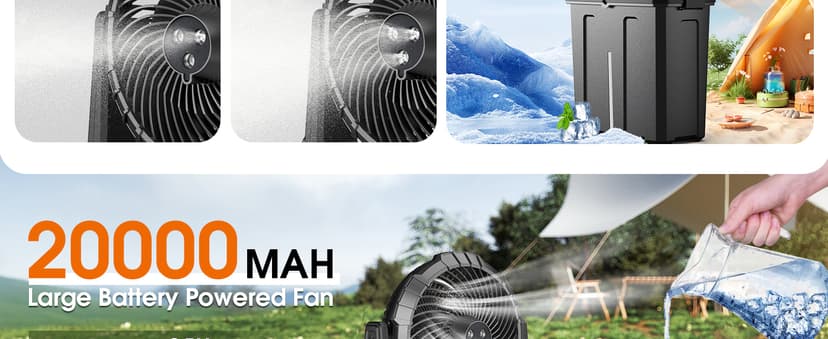 Ausic Portable Misting Fan - 9L Bucket, 10-inch Outdoor Fans for Patios/Camping/Beach/Golf etc., 20000mAh USB Rechargeable Battery Powered Floor Water Cooling Fan, 3 Strong Winds, 3 Spray Mister