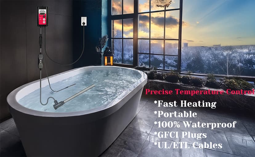 1800W Immersion Water Heater Portable Electric Hot Tub & Pool Fully Submersible Water Heater with Thermostat, GFCI Leakage Protection for Bathtub, Buckets, Swimming Pool, Baptistry, Pools