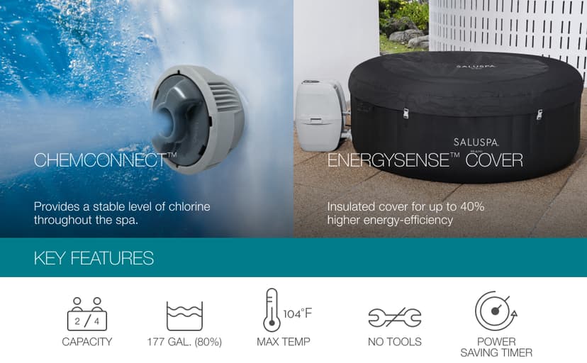 Bestway SaluSpa Miami EnergySense AirJet Inflatable Hot Tub Spa (71" x 26") | Portable Hot Tub with 2 Covers (1 Energy-Efficient Thermal Cover and 1 Standard Cover) | Fits Up to 2-4 Persons | Black