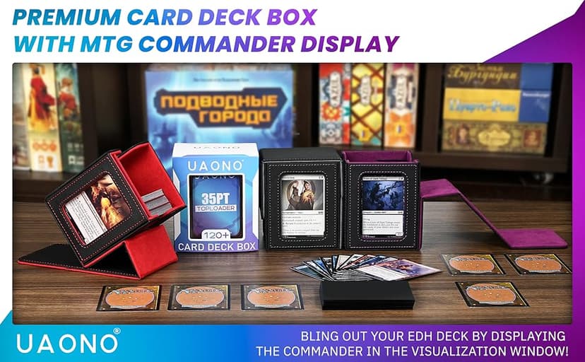 Card Deck Box with MTG Commander Display, Deck Case Holds 100+ Double-Sleeved Cards, Storage Box Fits TCG/PTCG/Sports Card with 2 Dividers, 1 Toploader (Red, White)