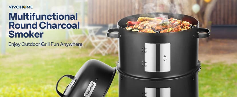 VIVOHOME 3-in-1 Vertical Charcoal Smoker, BBQ Smoker Grill with Built-in Thermometer, Air Vent, and 2 Access Doors, Idea for Parties, Backyard, Barbecues