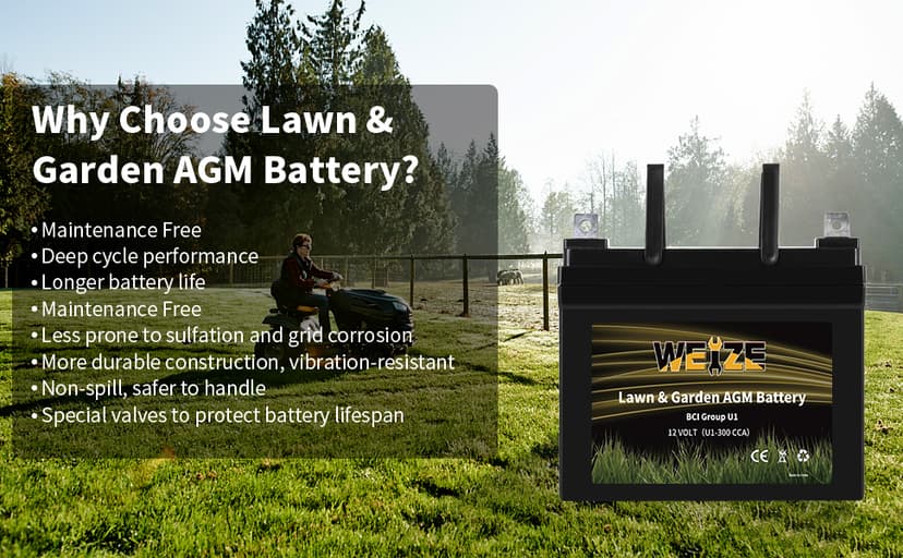 WEIZE Lawn Garden AGM Battery, 12V 300CCA BCI Group U1 SLA Starting Battery for Lawn, Tractors and Mowers, Compatible with John Deere, Toro, Cub Cadet, and Craftsman