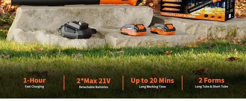 Leaf Blower, 21V Cordless Electric Blower with 2 2.0Ah Batteries and 1 Hour Fast Charger, Lightweight Leaf Blower for Patio Cleaning, Lawn Care, Blowing Fallen Leaves and Dust, etc.