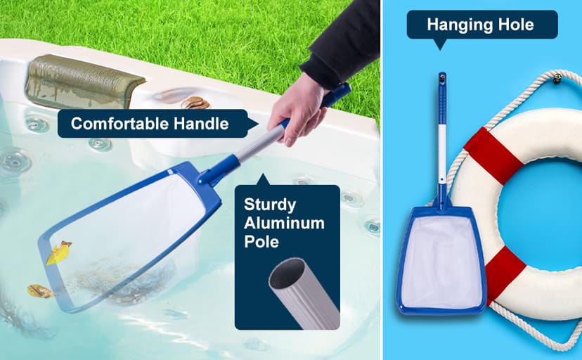 POOLAZA Hot Tub Skimmer Net Handheld, Professional Pool, Spa, Pound Skimmer Net with Aluminum Pole Handle, Deep Ultra Fine Mesh Netting Small Pool Skimmer Net, Upgrade Durable Hot Tub Net Hand Skimmer