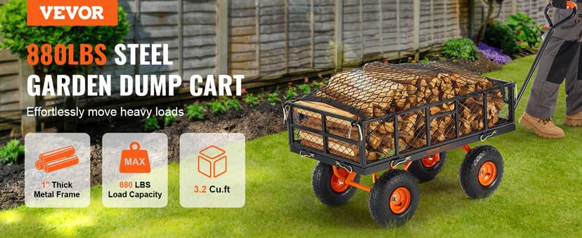 VEVOR 880lbs Steel Garden Dump Cart Utility Wagon, Heavy Duty Yard Dump Wagon Cart with Removable Sides, Pullable Handle, Utility Liner, 10in All Terrain Wheels