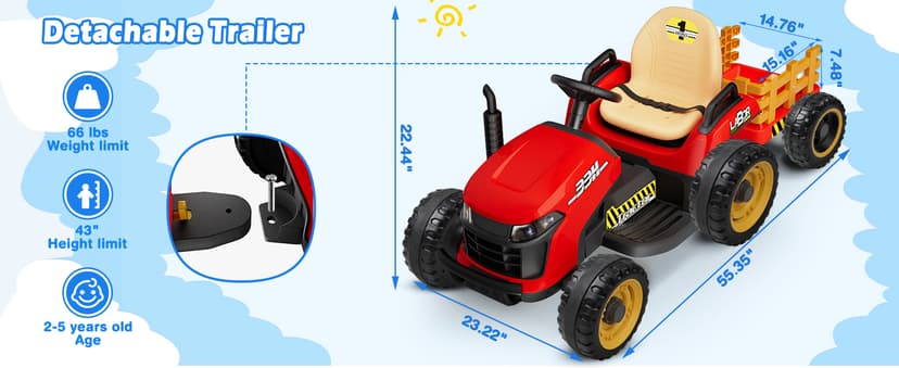 24V Ride On Tractor w/Tiltable & Detachable Trailer, 2x65W Motors, EVA Tires, Remote Control, Bluetooth, Shifter, Music, Electric Car for Kids Ages 2-5, Red