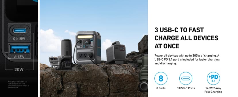 Anker SOLIX C300 Portable Power Station, Outdoor 288Wh LiFePO4 Battery, 300W (600W Surge) Solar Generator, 140W Two-Way Fast Charging, for Camping, Traveling, and Emergencies (Solar Panel Optional)