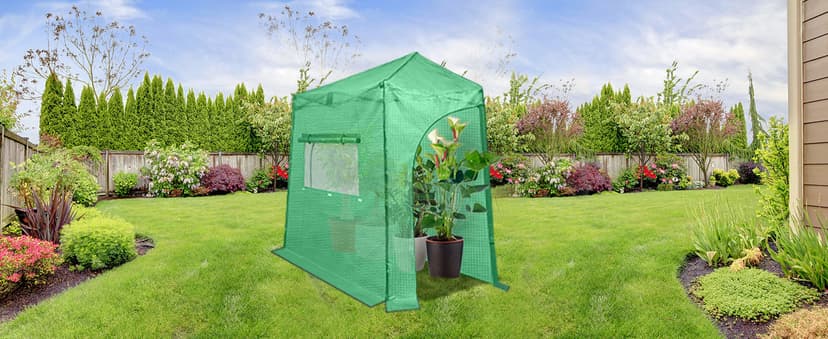 EAGLE PEAK 9x4 Lean-to Portable Walk-in Greenhouse, Pop-up Indoor Outdoor Garden Green House, Zippered Doors and Window, PE Cover, Green