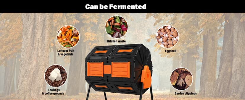 Compost Tumbler, Easy Assemble & Efficient Outdoor Compost Bin, 45 Gallon/170 Liter Large Dual Chamber Rotating Composter for Garden, Kitchen, and Yard Waste, Orange Door