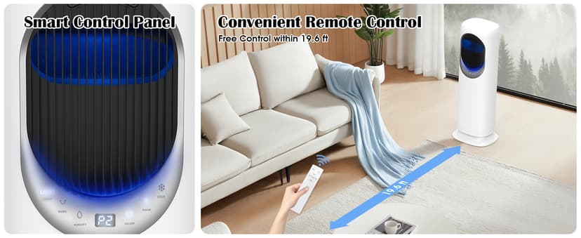 4 IN1 Evaporative Air Cooler, Swamp Cooler with 4L Water Tank, Tower Fan with Humidification, Fan and Heater Combo, 120°Oscillating, Remote, 12H Timer, 2 Ice Packs (Panel-Crescent)