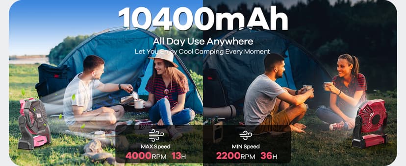 10400mAh Solar Fan with LED Lantern, 10W Solar Panel Rechargeable Battery Powered Camping Fan for Outside, 9 Inch Portable Battery Operated Power Bank for Picnic, Barbecue, Fishing, Travel