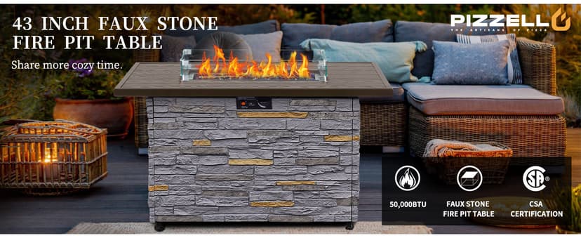 43" Propane Fire Pit Table Outdoor Rectangular Stone Firepit Table 50000 Btu Propane Fire Tables for Outside Patio with Glass Wind Guard, Lid, Fire Glass Beads, Pizzello Caldo (Gray Stone)