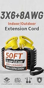 30 FT 50 Amp RV/EV Extension Cord Outdoor with Grip Handle, 4 Prong Flexible Heavy Duty 6/3+8/1 Gauge STW RV Power Cord Waterproof, NEMA 14-50P to 14-50R, Black-Yellow, ETL Listed