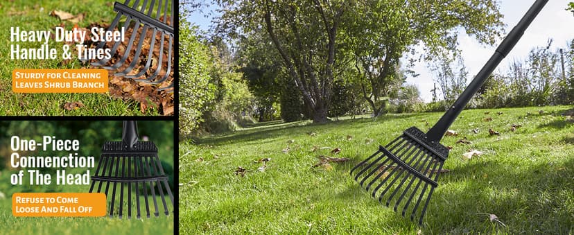 Small Garden Rake for Leaves,11 Tines Heavy Duty Metal Yard Hand Rake with 63in Long Adjustable Handle, Ideal Leaf Scoops Garden Tool for Gathering Leaves, Shrub,Poop, Leveling Grass,Flower Beds,Yards