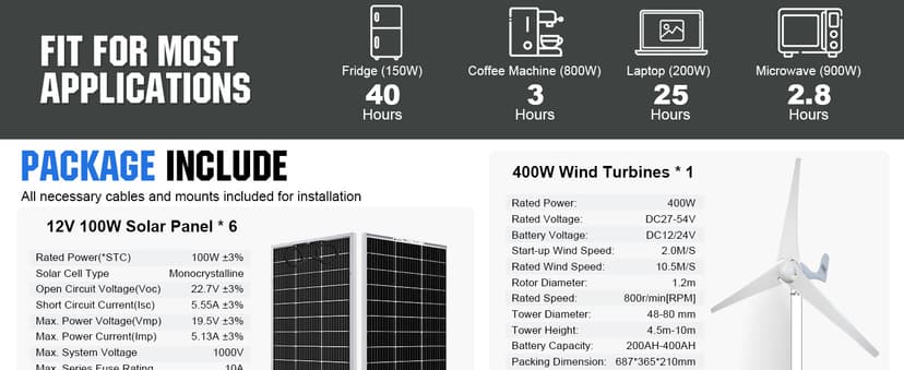 ECO-WORTHY 1000W 4KWH Solar Wind Power Kit: 400W Wind Turbine + 6pcs 100W Solar Panel + 2pcs 12V 100Ah Lithium Battery + 24V 3000W Inverter for Home/RV/Boat/Farm/Street Light and Off-Grid Appliances