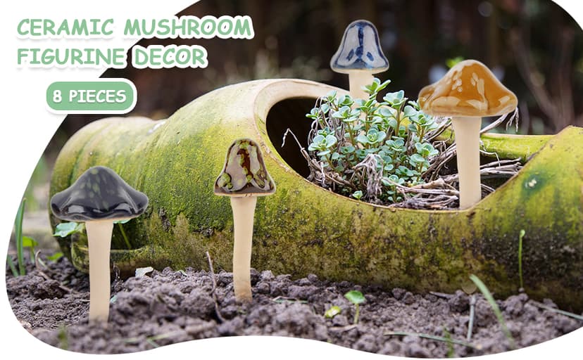 8Pcs Ceramic Garden Mushrooms Figurine Decorative Plants Stakes Accessories Lawn Ornaments Statue for Outdoor (Random Color) (Blooming-1)