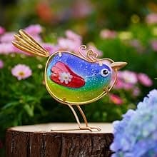 Funny Metal & Glass Bird Decor Set of 3 - Unique Colorful Indoor & Outdoor Garden Statues Whimsical Lawn Decorations Handmade Bird Sculptures Garden Decor for Outside