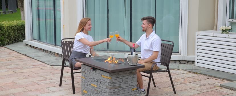 43" Propane Fire Pit Table Outdoor Rectangular Stone Firepit Table 50000 Btu Propane Fire Tables for Outside Patio with Glass Wind Guard, Lid, Fire Glass Beads, Pizzello Caldo (Gray Stone)