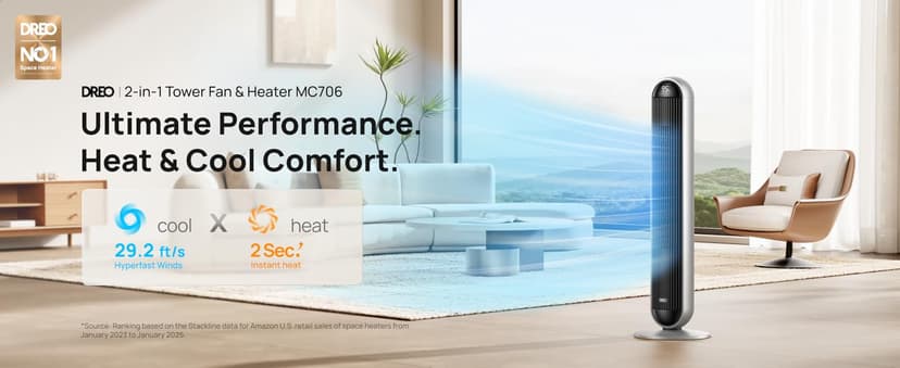 Dreo Tower Fan and Heater Combo, 29.2ft/s Standing Fans for Bedroom, 17 Levels, 6 Modes, 120° Oscillation, 42 Inch, 12H Timer, 25dB Quiet, with Remote, for Office, Large Room, Silver