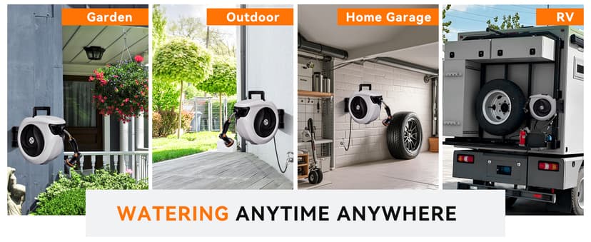 SUNPOW Retractable Garden Hose Reel 1/2 Inch x 33ft - Wall Mounted Hose Reel with 3/4 Inch Brass Fittings & 10-Pattern Nozzle - Auto Rewind System, Any Length Lock, 180° Swivel Bracket