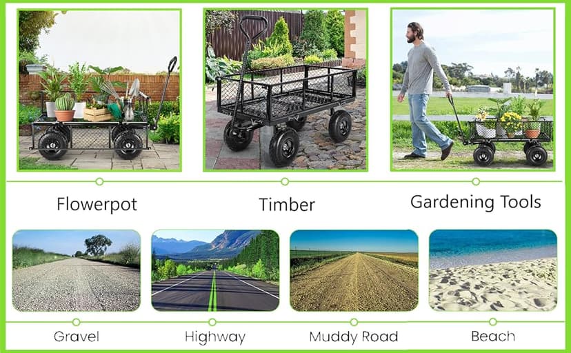 Homdox Steel Garden Cart 680 lbs Capacity Heavy Duty Garden Wagons,with Removable Steel Mesh Sides to Convert into Flatbed,Utility Metal Wagon w/ 180°Rotating Handle (Black, 680lbs)
