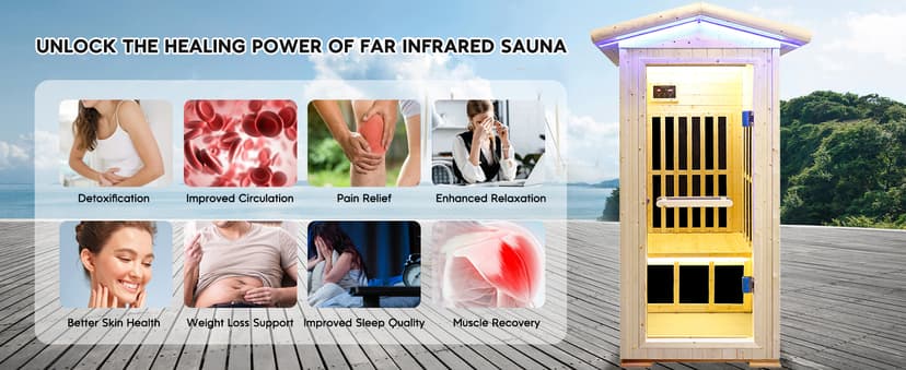 Outdoor Sauna 1 Person for Home Backyard Sauna Outdoor Infrared Sauna 1 Person Dry Sauna for Home Far Infrared Sauna Outdoor Spruce Wood Sauna 1300W Low EMF Single Person Infrared Sauna Room in Home