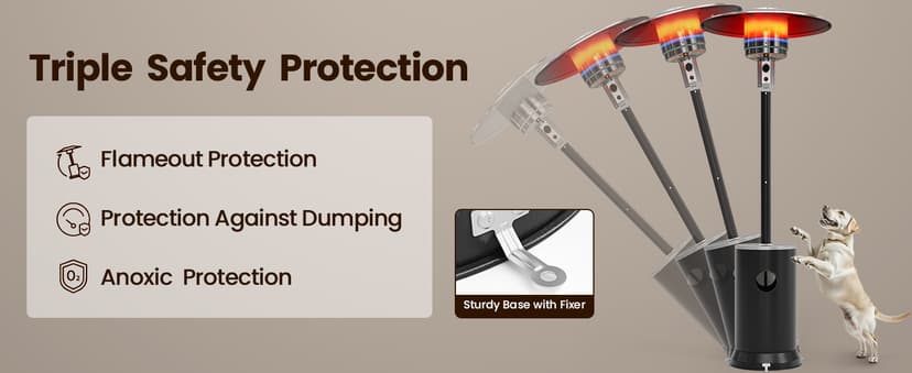 PAMAPIC 48000 BTU Patio Heater, Outdoor Propane Heater 2 in 1 Table Design, Double-Layer Stainless Steel Burner, Wheels, Triple Protection System, Outdoor Heater for Home and Residential,Black