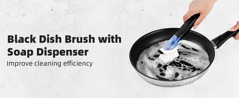 SUBEKYU Dish Brushes with Soap Dispenser, Kitchen Dish Scrubber Brushes with Handle, Dishwashing Cleaning Scrubbers for Dishes/Pans/Pots, Black, 2Pack