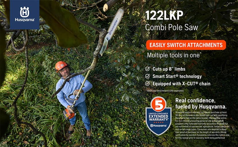 Husqvarna 122LKP Gas Pole Saw, Multi-Purpose Tool with Pole Saw Attachment, Equipped with X-CUT Chain, 12-Inch Reach Cuts Limbs up to 8 Inches Thick, 970796201