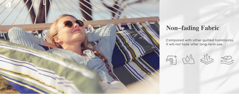 SUNCREAT Double Hammock, Extra Large Quilted Fabric Swing with Hardwood Spreader Bars & Detachable Pillow, Heavy Duty, Perfect for Indoor/Outdoor Patio, Deck, Yard, Blue&Aqua