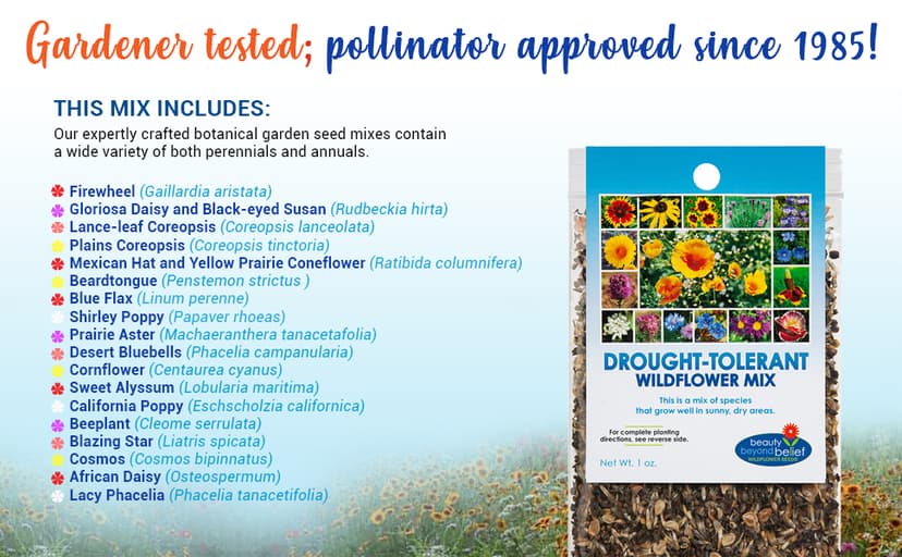 Drought Resistant Wildflower Seeds - 1oz, Open-Pollinated Bulk Flower Seed Mix for Beautiful Perennial, Annual Garden Flowers - No Fillers - 1 oz Packet