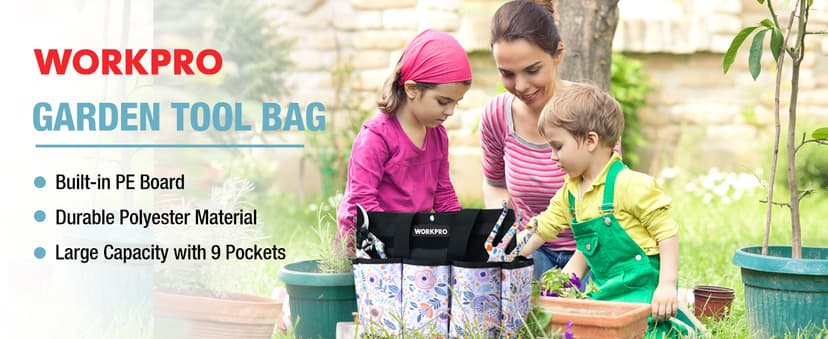 WORKPRO Garden Tool Bag, 9 Pockets Gardening Bag, Heavy Duty Oxford Garden Tote Caddy (Tools NOT Included), 12" x 12" x 6" (Floral White)